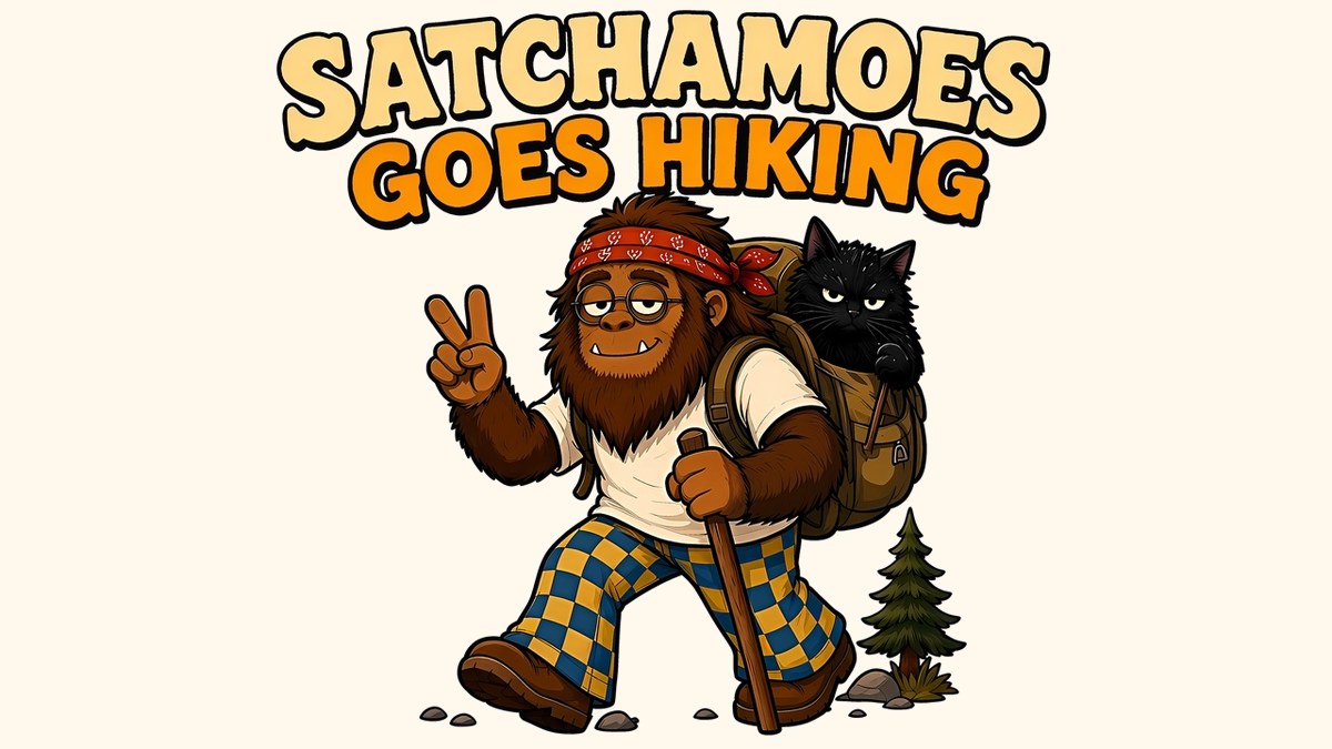 Sasquatch hiking with a walking stick and a peace sign while his black cat rides in his backpack