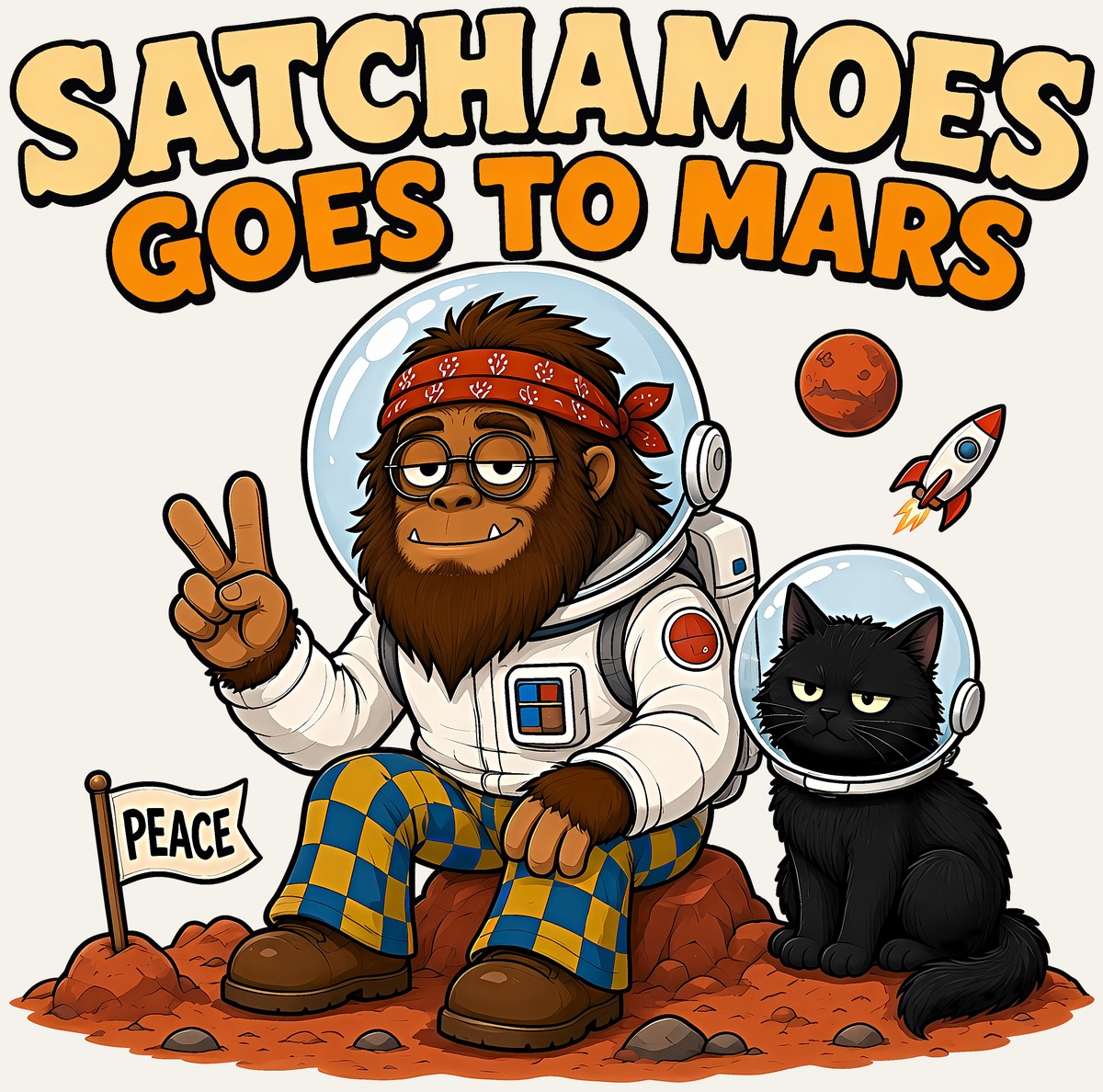 Sasquatch in a white spacesuit by a PEACE flag on a red rock while his grumpy black cat wears a bubble helmet