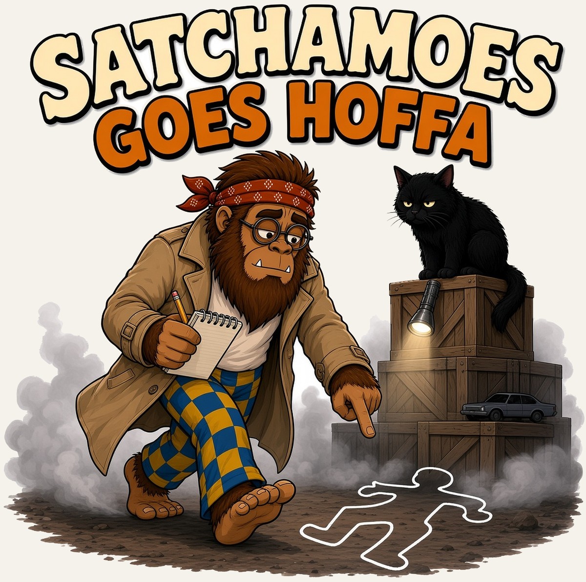 Cartoon Sasquatch Satchamoes in a trench coat pointing at an empty chalk outline with a notepad while his black cat watches from crates