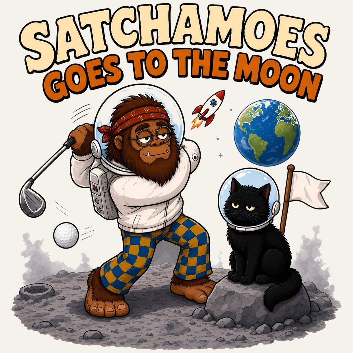 Cartoon Sasquatch Satchamoes in a spacesuit swinging a golf club on the Moon while his helmeted black cat watches from a rock with Earth behind them